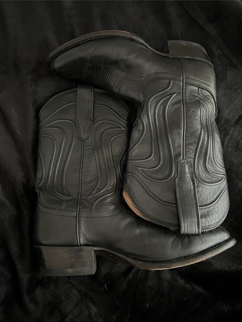 Tecovas Black Leather Cowboy Boots with Stitched Western Top